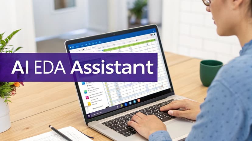 A person uses a laptop showing data, with 'AI EDA Assistant' text highlighted.