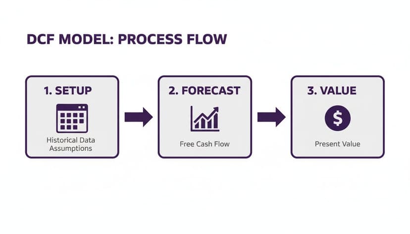 A process flow diagram illustrating the three steps of a DCF model: Setup, Forecast, and Value.
