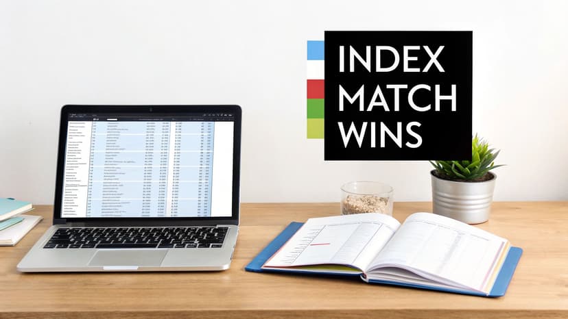 Laptop displaying Excel spreadsheet with INDEX MATCH WINS poster and open notebook on desk