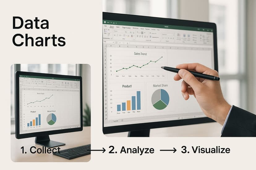 Infographic showcasing Excel charts and data visualization on a screen, with the text 'Data Charts' in the upper left corner.