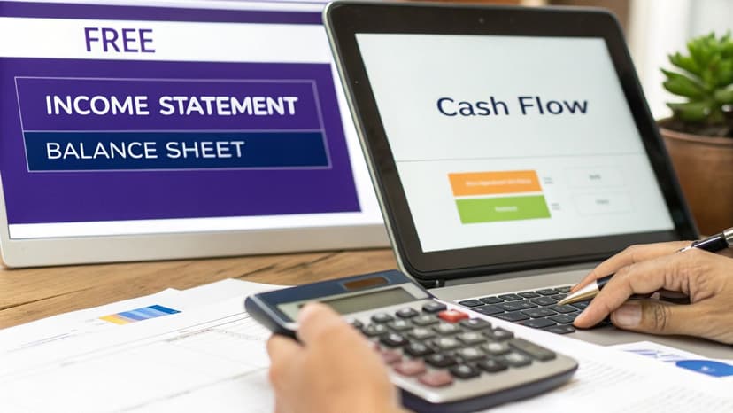 Hands analyze financial data on a laptop and calculator, with screens showing income statement, balance sheet, and cash flow.