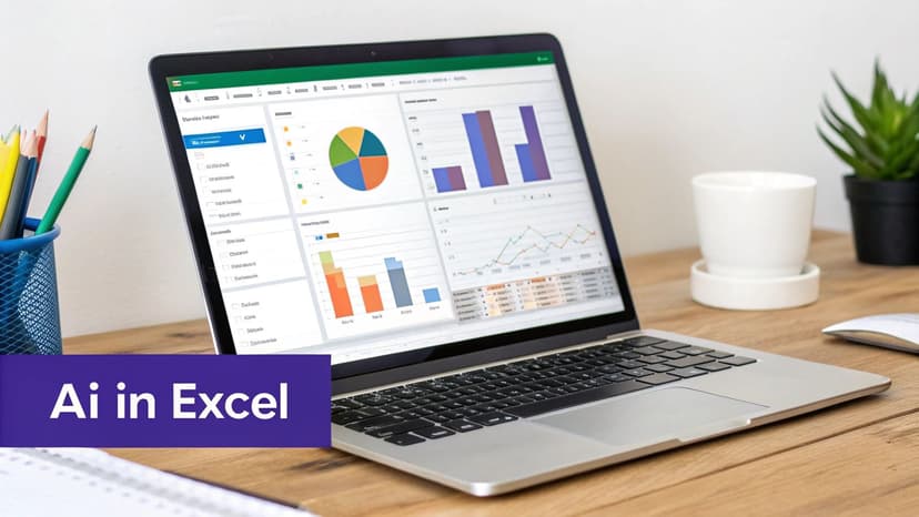 A laptop displaying an Excel dashboard with various charts and a 'AI in Excel' banner.