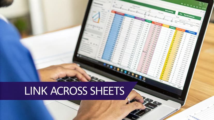 Someone's hands typing on a laptop screen displaying a spreadsheet application with the text 'LINK ACROSS SHEETS'.