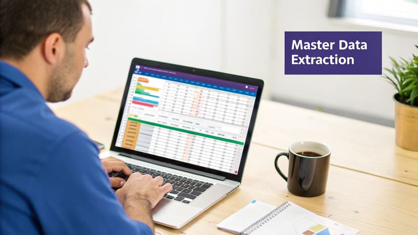 Man using a laptop with a data spreadsheet on screen, working on master data extraction.