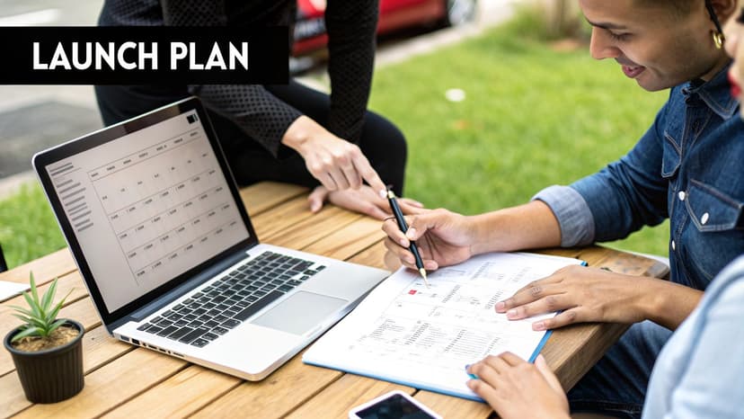 A team collaborating around a whiteboard with charts and sticky notes, planning a project.