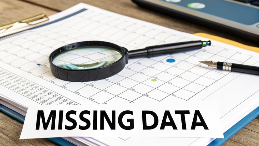 A magnifying glass and pen rest on a data chart, with a prominent note reading 'MISSING DATA'.