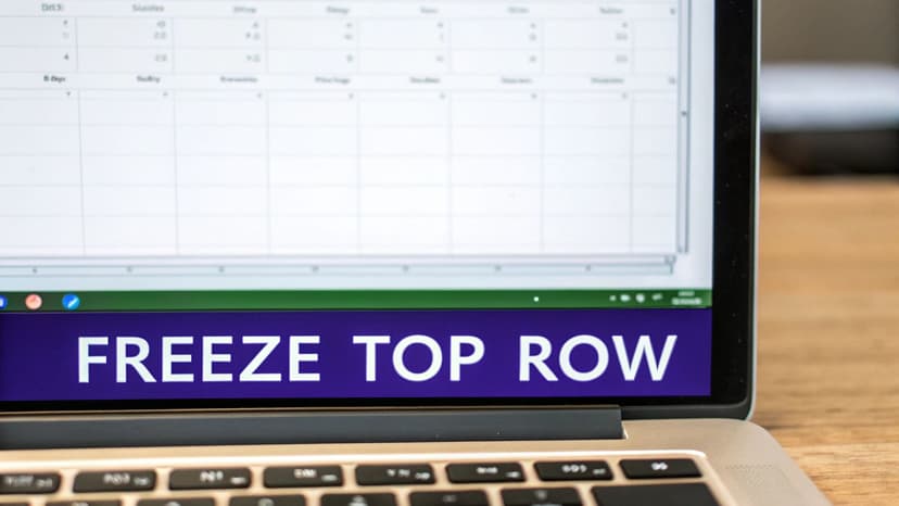 Close-up of a laptop screen displaying a spreadsheet with a 'FREEZE TOP ROW' instruction banner, showing part of the keyboard.