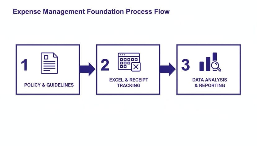 A three-step expense management process flow diagram showing policy, tracking, and data analysis.