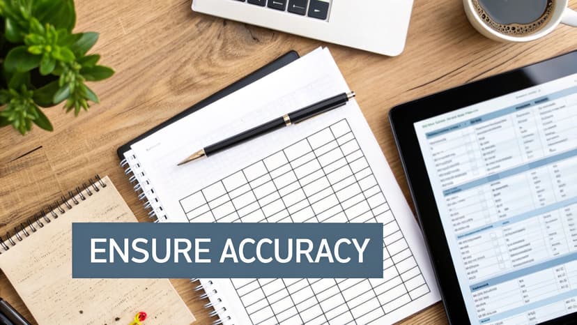 A workspace flat lay with a laptop, tablet displaying a spreadsheet, pen, notebook, and coffee, emphasizing data accuracy.