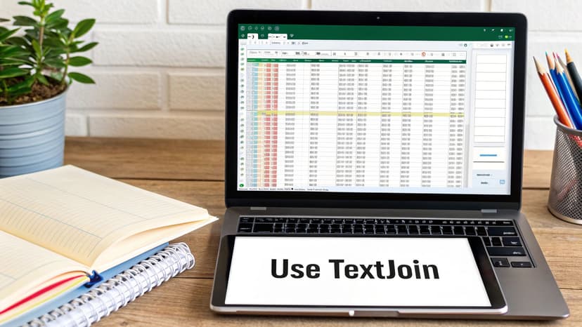 Laptop displaying an Excel spreadsheet and a tablet showing 'Use TextJoin' on a wooden desk.