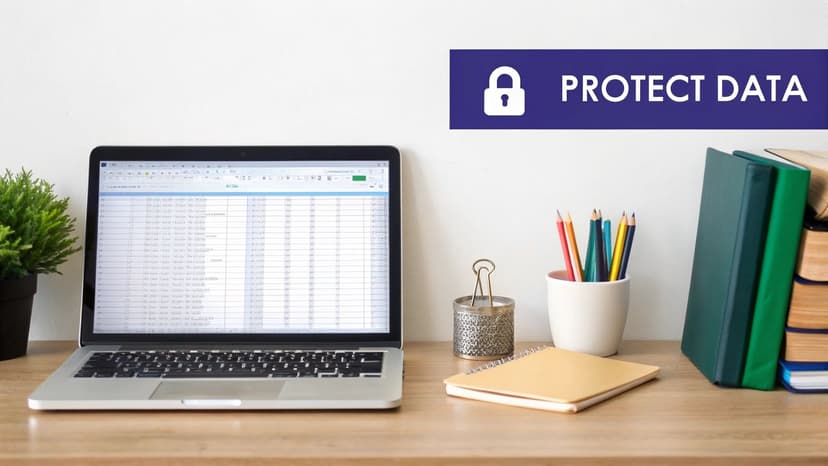 A laptop on a wooden desk displays an Excel spreadsheet, with office supplies and a banner reading 'PROTECT DATA' with a padlock icon.