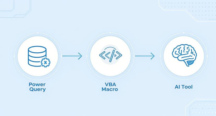 A blue diagram showing data flow from Power Query, through VBA Macro, to an AI tool.