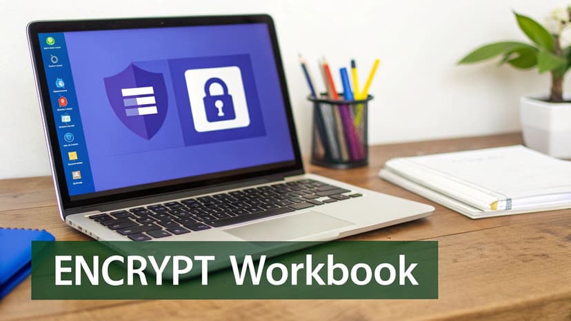 A laptop displaying encryption and padlock icons on its screen, with 'ENCRYPT Workbook' text on a wooden desk.