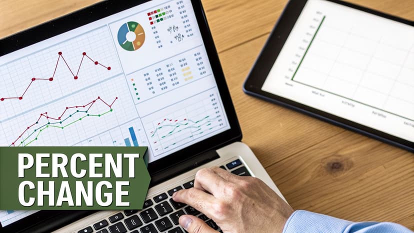 A hand typing on a laptop displaying financial charts and graphs with a 'PERCENT CHANGE' banner.
