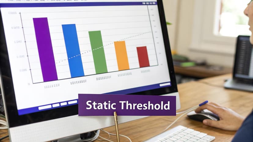 A person views a computer screen showing a bar chart with a dashed line and a 'Static Threshold' banner.