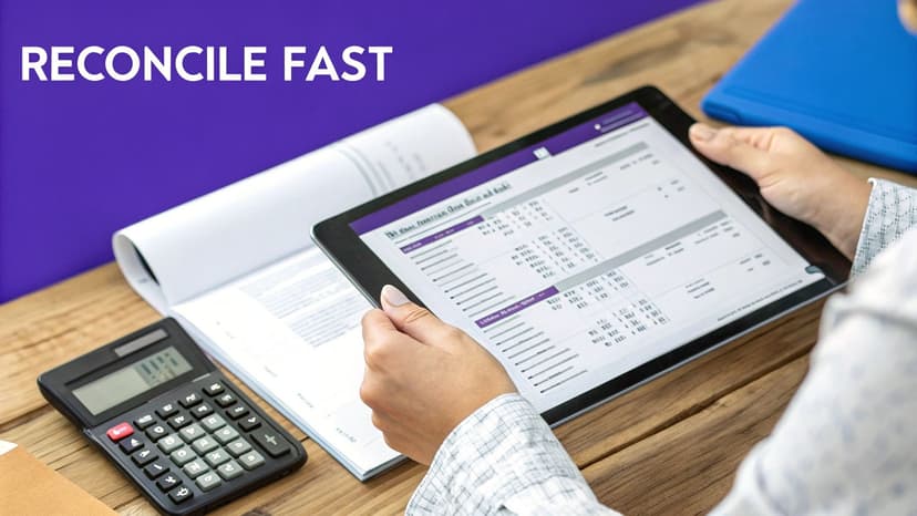 Person's hands holding a tablet showing financial reports, with a calculator on a wooden desk.