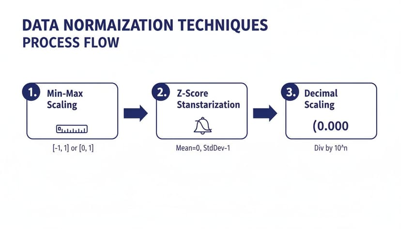 A process flow diagram illustrating three data normalization techniques: Min-Max, Z-Score, and Decimal Scaling.