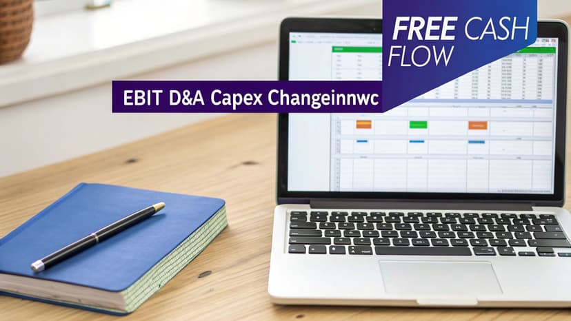 Laptop displaying a financial spreadsheet with free cash flow components, a notebook, and a pen on a wooden desk.