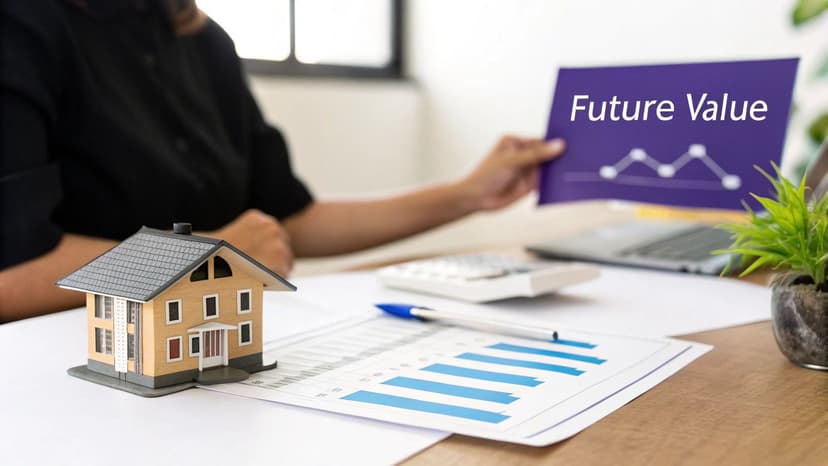 A person reviews financial documents with a miniature house and a 'Future Value' chart.