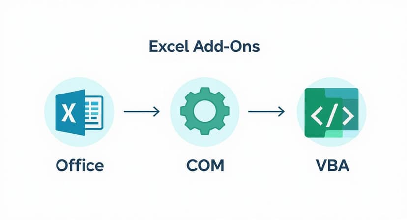 Flowchart illustrating Excel add-ons through Office, COM, and VBA components with arrows.