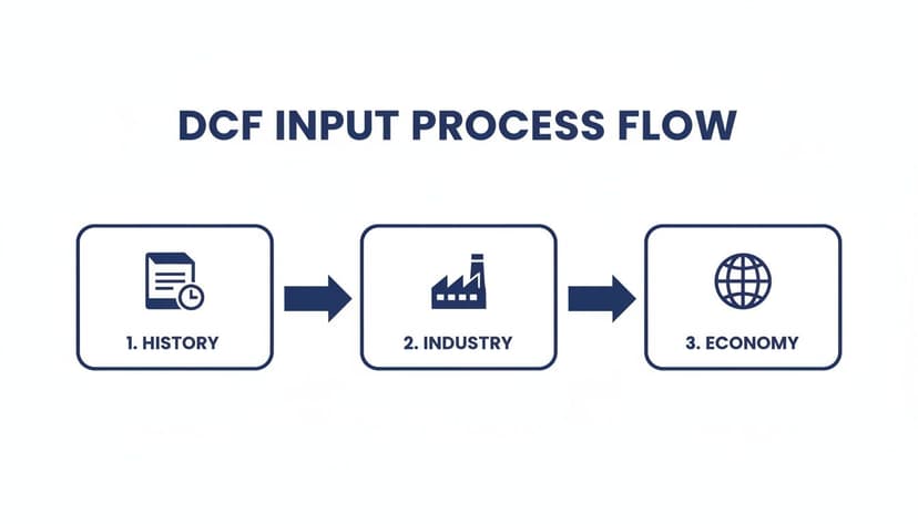 A DCF input process flow diagram showing steps for data collection: History, Industry, and Economy.