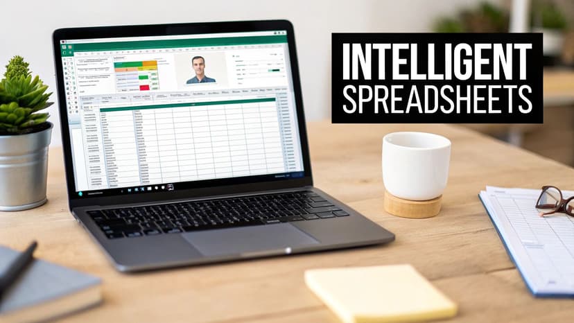 A professional working on a laptop with charts and graphs, representing data analysis in Excel.