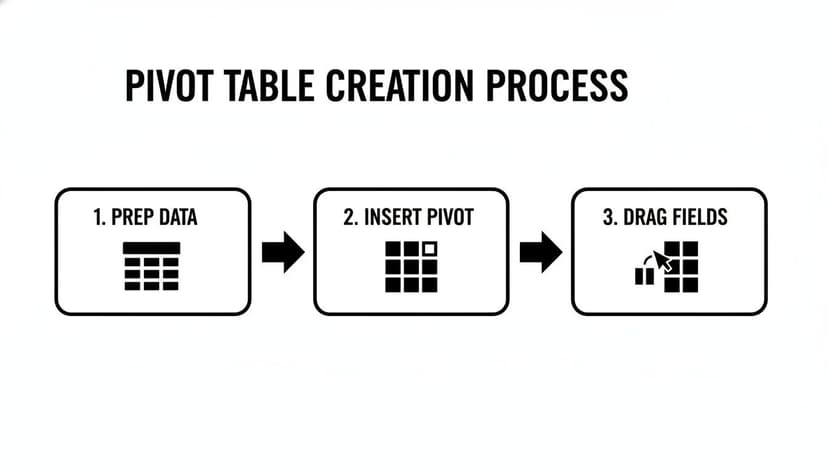 Flowchart showing three steps to create an Excel pivot table: prep data, insert pivot, and drag fields.