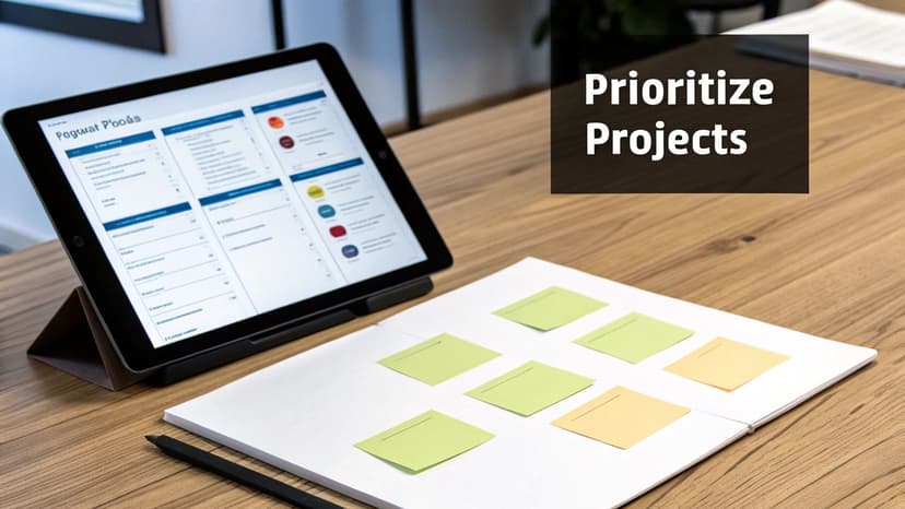 Project management dashboard on tablet with colorful sticky notes organizing priorities on wooden desk