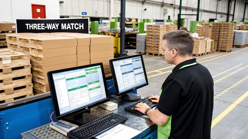 Infographic showing the three documents involved in the 3-way matching process: Purchase Order, Goods Receipt, and Vendor Invoice