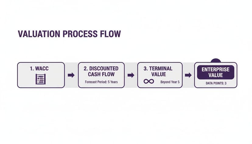 A valuation process flow diagram detailing steps: WACC, Discounted Cash Flow, Terminal Value, and Enterprise Value.