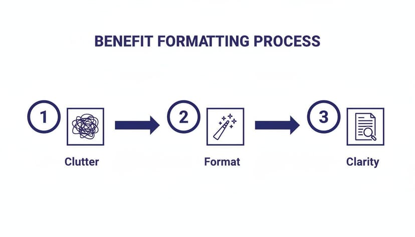 A three-step process diagram illustrating benefit formatting from initial clutter to final clarity.