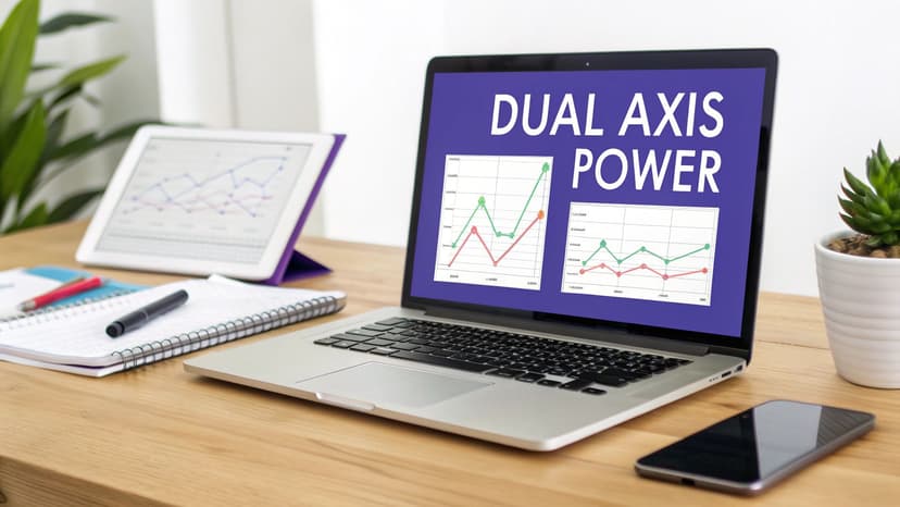 A laptop displaying "DUAL AXIS POWER" charts on a desk with a tablet, notebook, and phone.