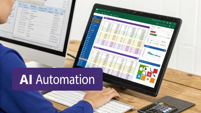 A person works on dual computer monitors displaying data and charts, with 'AI Automation' text overlay.