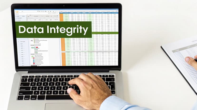 A person types on a laptop displaying a spreadsheet with 'Data Integrity' text, working on data.