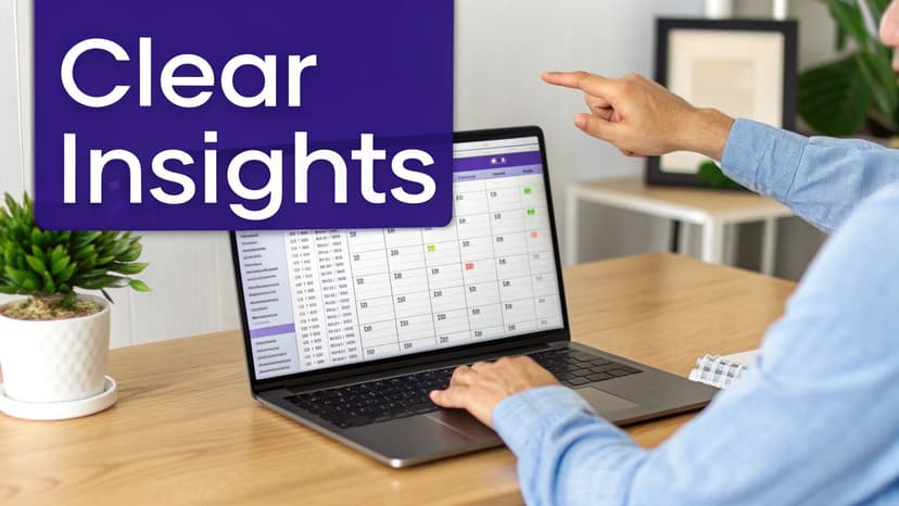 A person in a blue shirt pointing at a laptop screen displaying a spreadsheet with 'Clear Insights' text overlay.