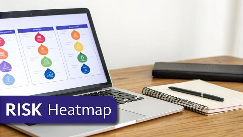 A laptop on a wooden desk displays a colorful risk heatmap chart with various icons, next to a notebook.