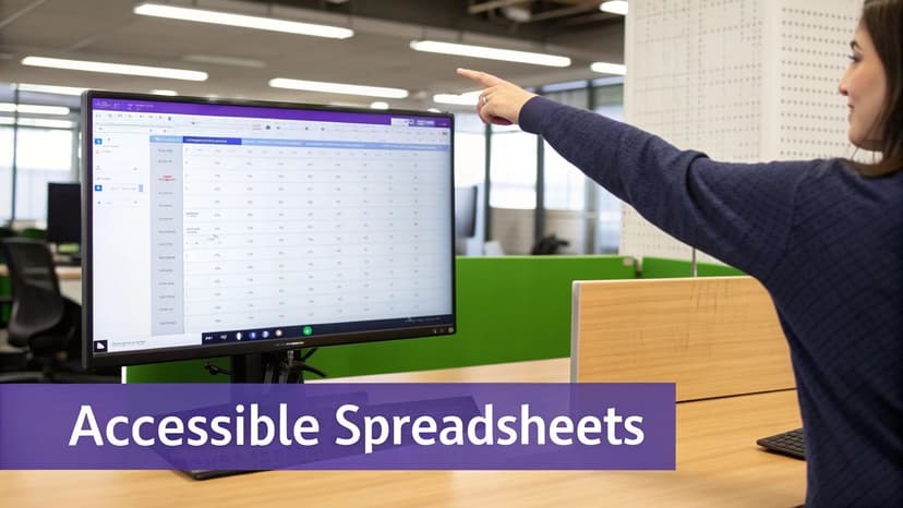 A person points at a computer screen displaying an accessible spreadsheet in an office environment.