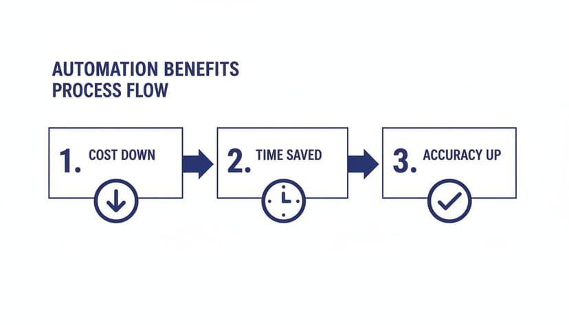 A process flow diagram illustrating the benefits of automation: cost down, time saved, and accuracy up.