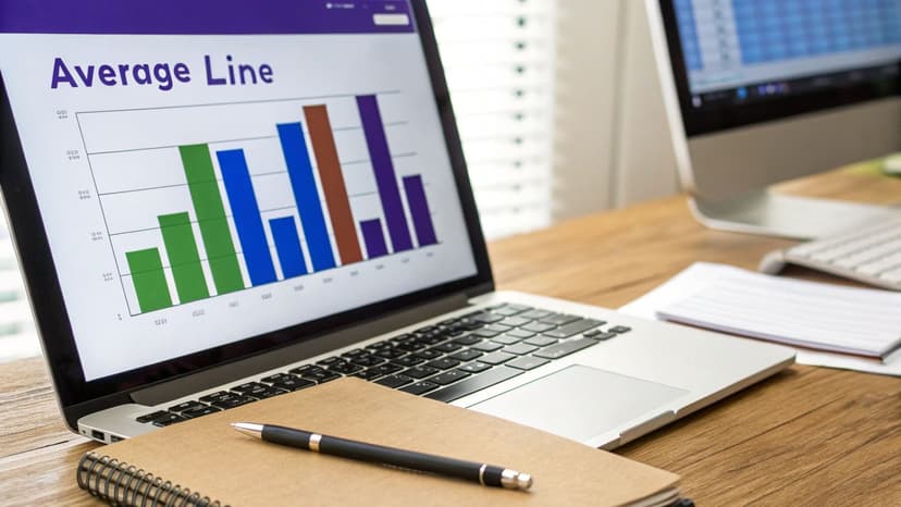 A laptop displaying a bar chart titled 'Average Line' on a wooden desk with a notebook and pen.