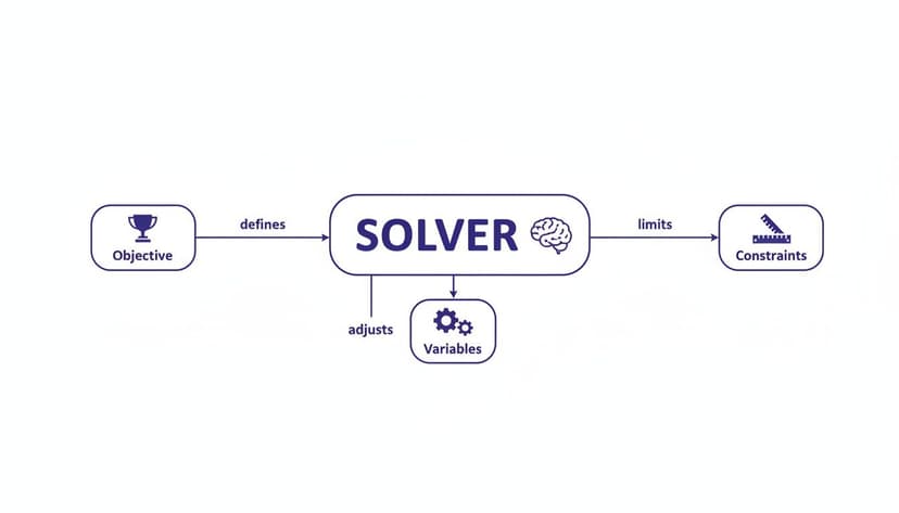 Flowchart illustrating how a Solver defines objectives, limits constraints, and adjusts variables.