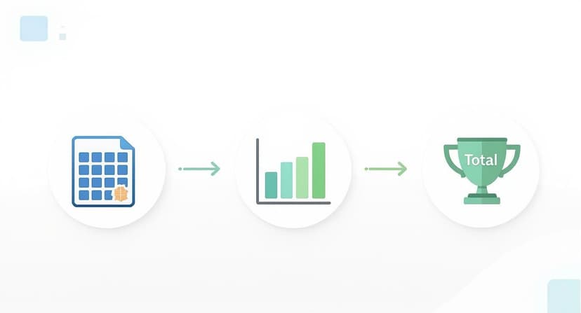 A three-step diagram showing a data document, a bar chart, and a 'Total' trophy representing a data analysis process.