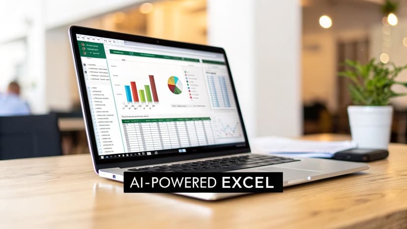 A data analyst working on a laptop with charts and graphs displayed, illustrating the concept of AI in Excel.