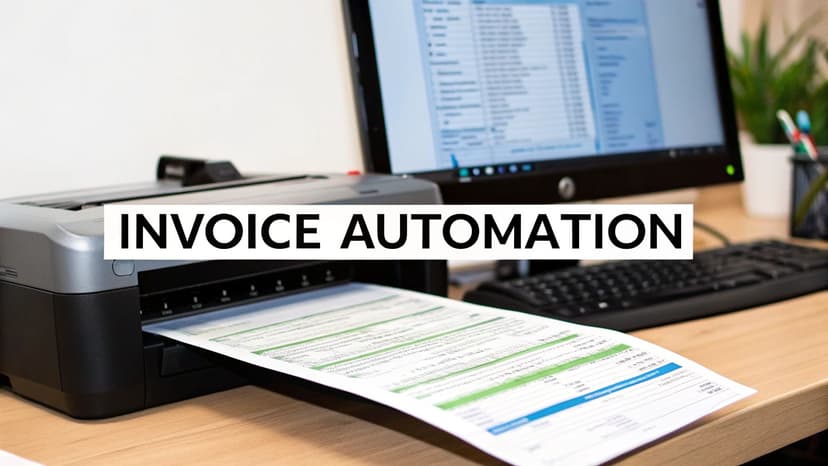 Illustration showing an automated invoice workflow with icons for data capture, AI validation, and system integration.
