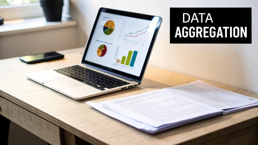 Laptop displaying data charts and graphs on a wooden desk with documents, emphasizing data aggregation.