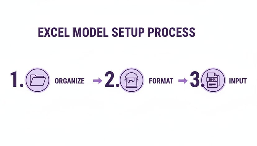 A diagram illustrates the Excel model setup process, detailing steps to organize, format, and input data from a 10-K document.