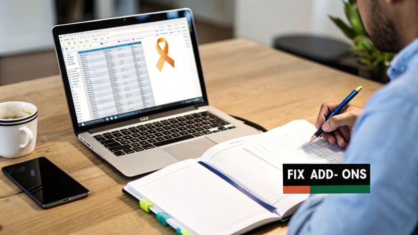 A person works at a wooden desk with a laptop displaying a spreadsheet, writing notes in a notebook.