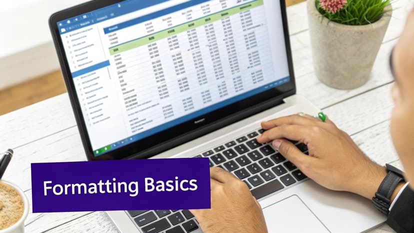 A person's hands typing on a laptop displaying an Excel spreadsheet with 'Formatting Basics' text.