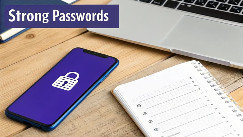 A smartphone displaying a padlock icon next to a laptop and notebook, with 'Strong Passwords' text on a banner.
