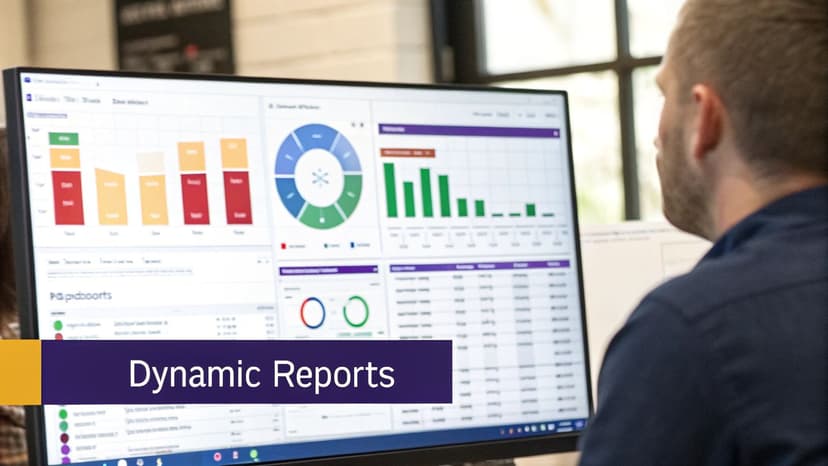 A person views a computer monitor displaying dynamic data reports and dashboards with various charts.