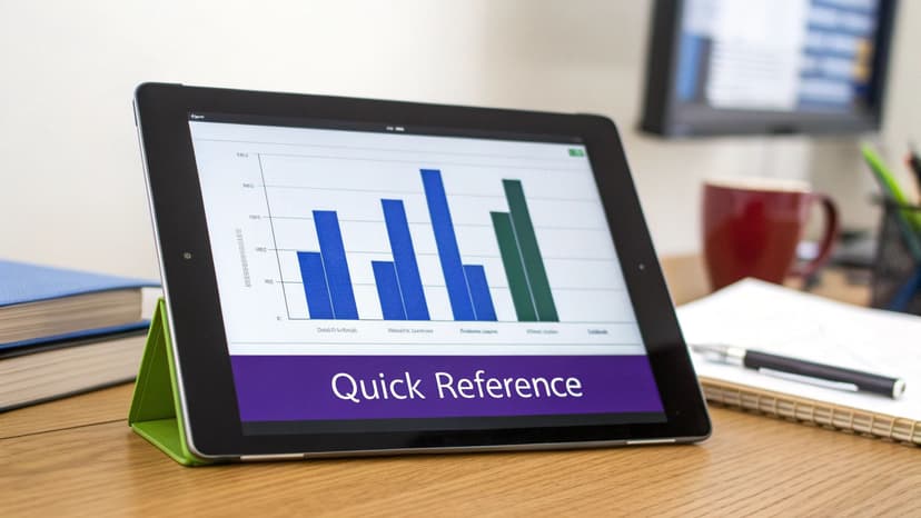 A tablet displaying a bar chart and 'Quick Reference' on a wooden desk with office supplies.
